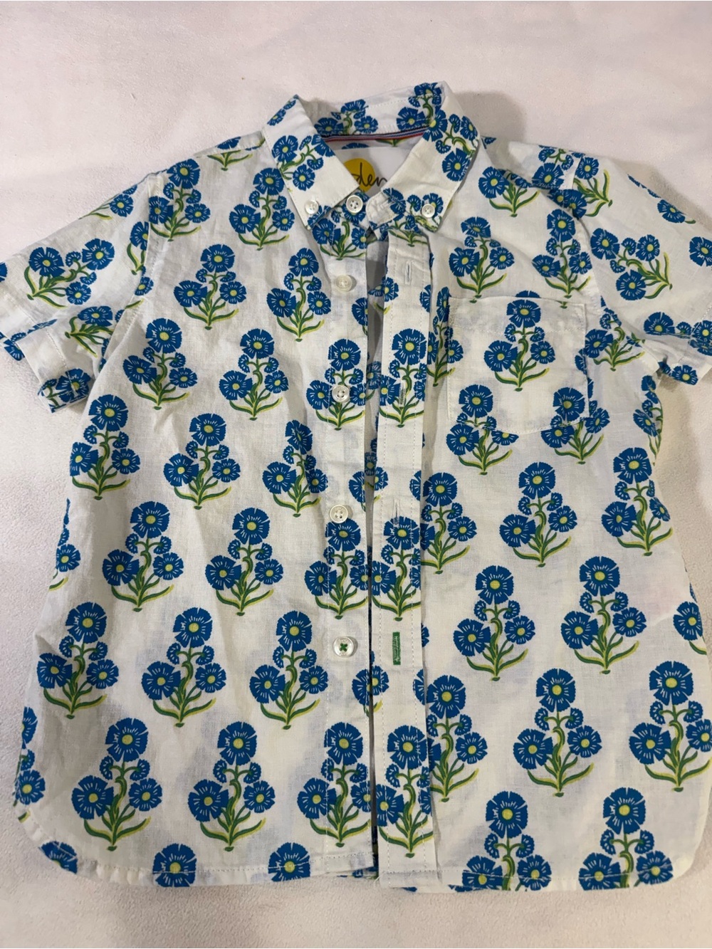 Boden Boys Blue Floral Block Print Short Sleeve Button-Down Shirt - Size 5-6Y